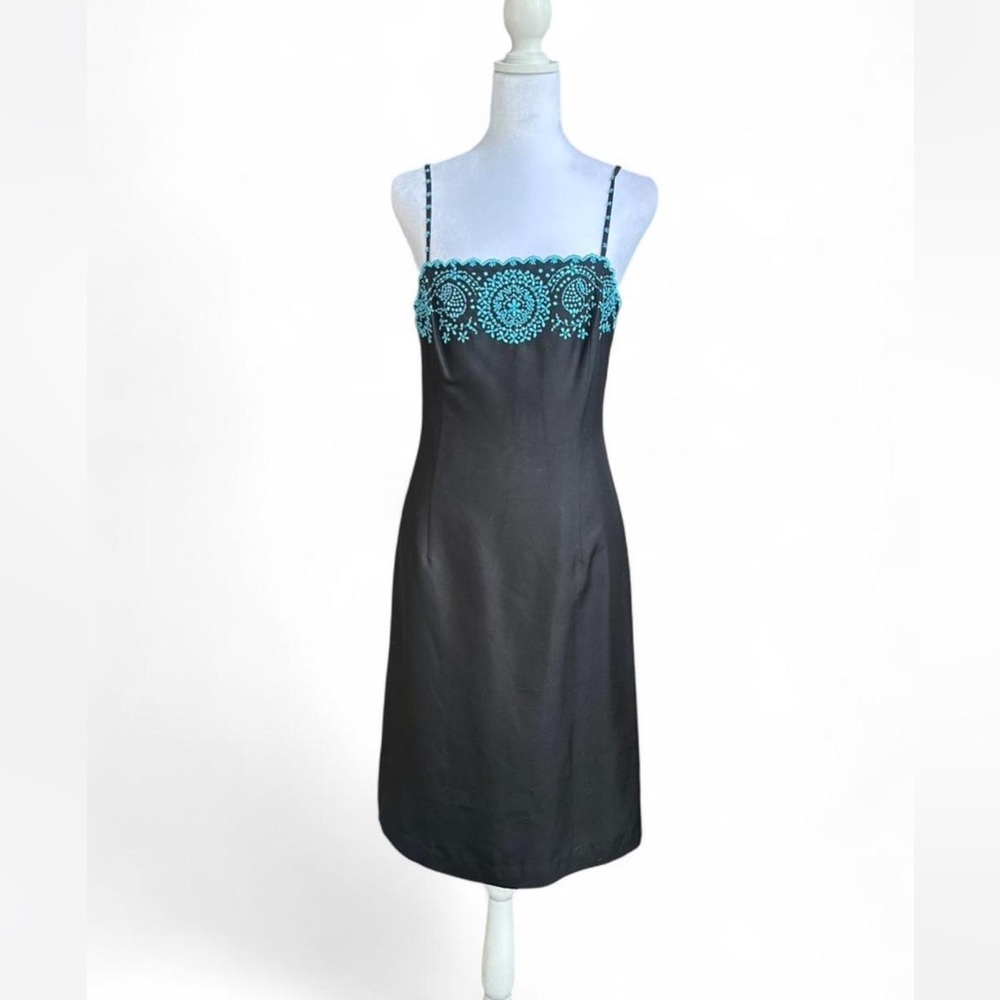 Ann Taylor silk midi dress with turquoise colored embroidery and beading